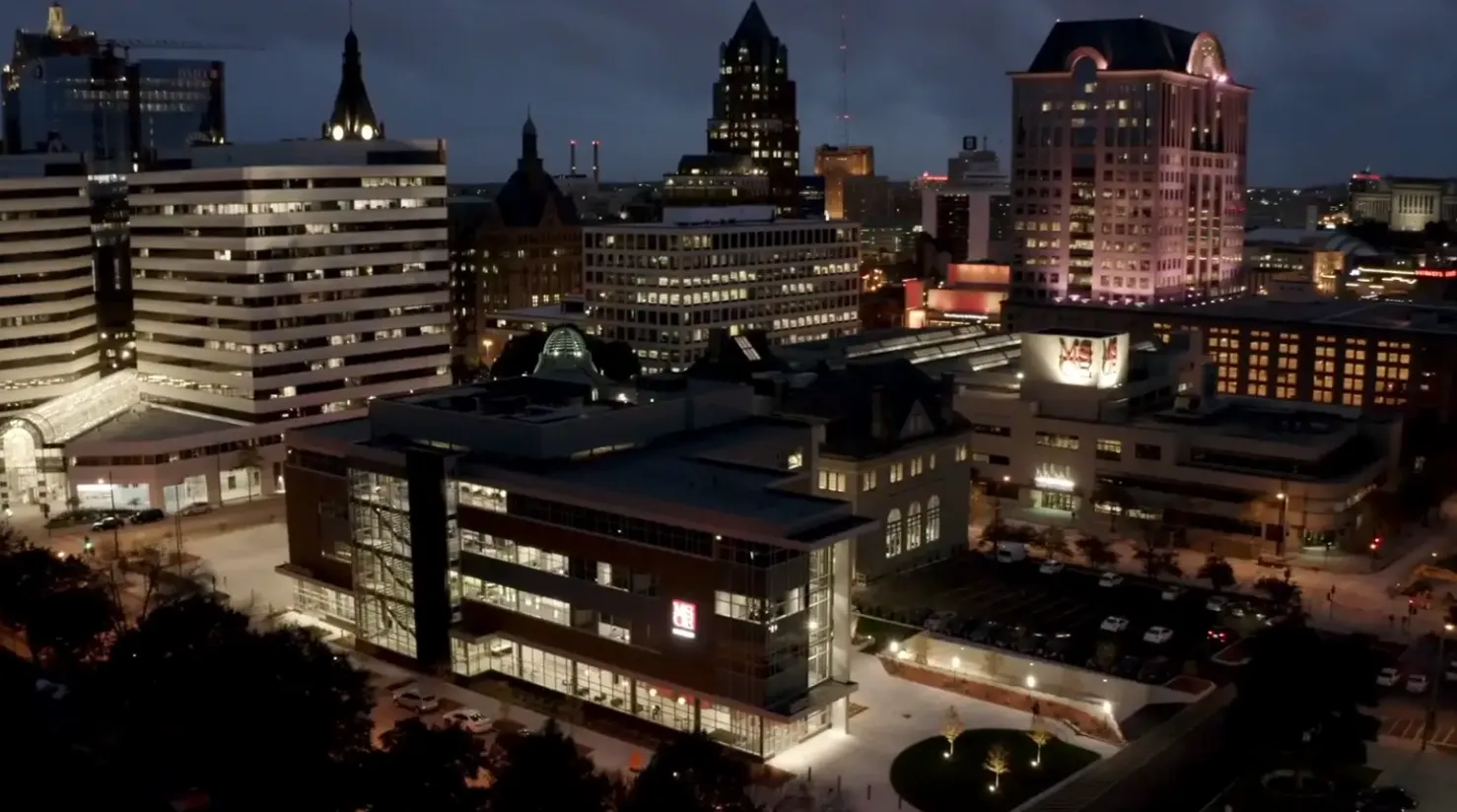 Milwaukee School of Engineering campus and downtown Milwaukee at night